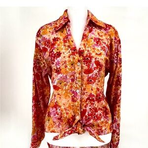 Anthropologie Maeve Red and Orange Floral Eyelet Button-Down Shirt